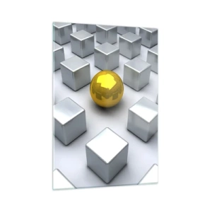 Impression sur verre - Image sur verre - Une sphère dorée entourée de cubes d'argent - 50x70cm - Pourquoi moi? Composition géométrique - Décoration murale moderne pour le salon et la chambre ARTTOR