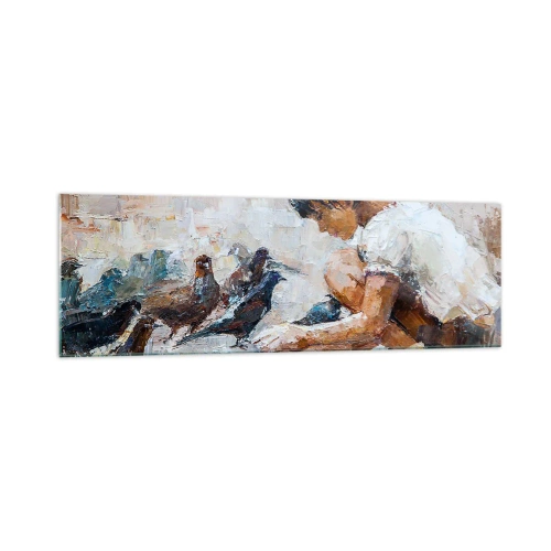 Impression sur verre - Image sur verre - Une fille nourrissant des oiseaux dans un style pictural - 160x50cm - Les plus petits et les plus gentils - Décoration murale moderne pour le salon et la chambre ARTTOR