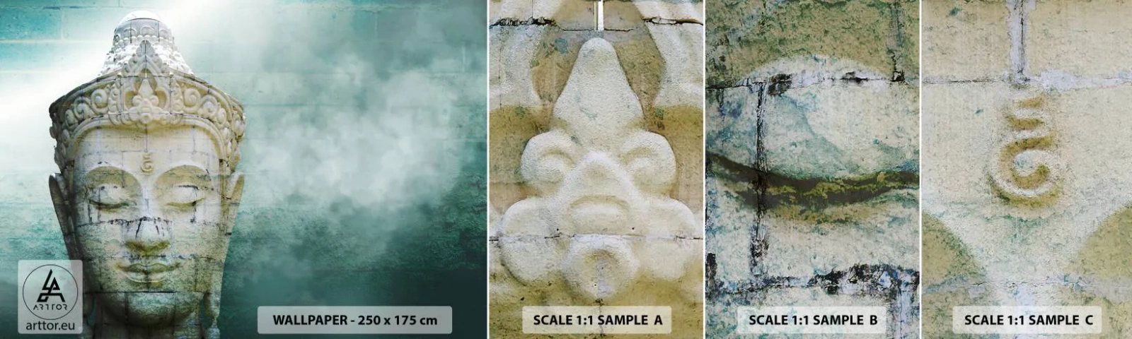 Échantillon de Papier Peint Autocollant Deluxe Sticker - A la recherche de la lumière - Bouddha, statue de Bouddha, Asie - 100x30 cm