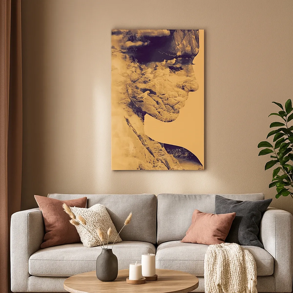 Impression sur toile - Image sur toile - Profil d'une femme avec la nature en arrière-plan dans des tons chauds - 50x70cm - Beauté de la nature - Décoration murale moderne pour le salon et la chambre ARTTOR