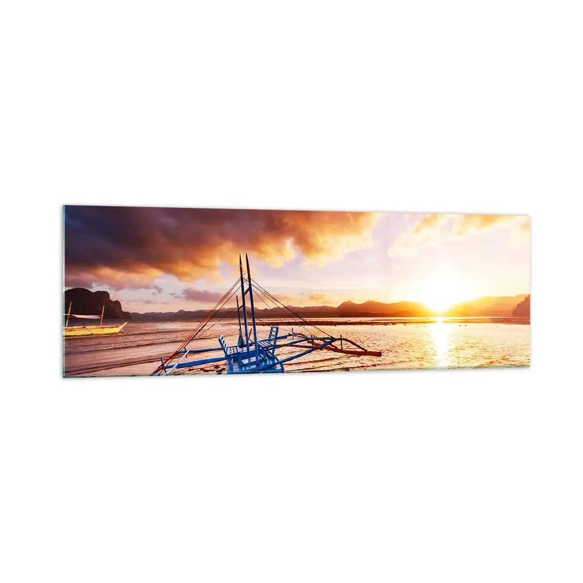 Impression sur verre - Image sur verre - Bateau bleu sur la plage au coucher du soleil - 160x50cm - Allongez-vous dans le sable après une longue journée - Décoration murale moderne pour le salon et la chambre ARTTOR