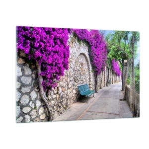 Impression sur verre - Image sur verre - Un mur de pierre avec des fleurs violettes et un banc le long du chemin - 120x80cm - Rencontrons-nous au plus vite - Décoration murale moderne pour le salon et la chambre ARTTOR