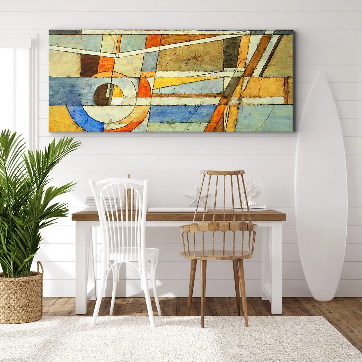 Impression sur toile - Image sur toile - Abstraction géométrique dans les tons beige, bleu et orange - 140x50cm - Cubisme sur le chantier - Décoration murale moderne pour le salon et la chambre ARTTOR