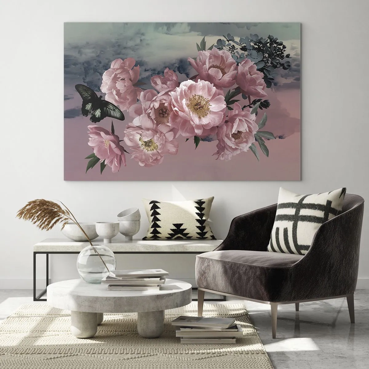 Impression sur verre - Image sur verre - Pivoines roses avec un papillon contre le ciel - 100x70cm - Pic du romantisme - Décoration murale moderne pour le salon et la chambre ARTTOR