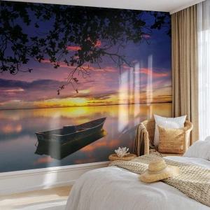 Papier Peint Photo Premium Canvas - "Tu sembles suspendu au milieu du ciel..." - Paysage, Coucher de soleil, Lac - 200x140 cm