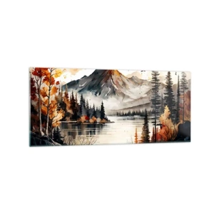 Impression sur verre - Image sur verre - Paysage de montagne d'automne avec un lac et des arbres à l'aquarelle - 120x50cm - Automne doré dans les montagnes - Décoration murale moderne pour le salon et la chambre ARTTOR