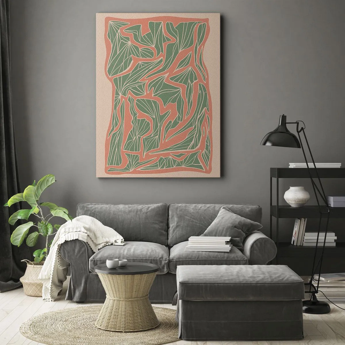 Impression sur toile - Image sur toile - Un motif végétal dans les tons de vert et d'orange - 80x120cm - La lutte entre le corail et la verdure - Décoration murale moderne pour le salon et la chambre ARTTOR