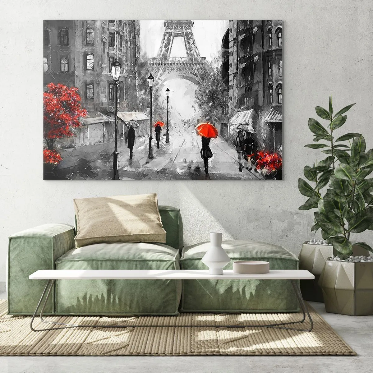 Impression sur verre - Image sur verre - La Tour Eiffel dans un paysage monochrome aux accents rouges - 70x50cm - Tous les chemins mènent à elle - Décoration murale moderne pour le salon et la chambre ARTTOR
