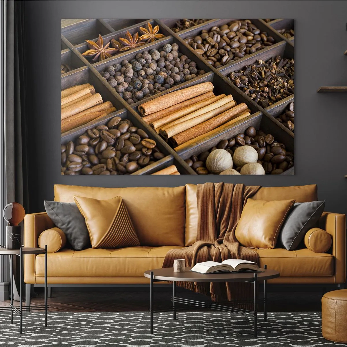 Impression sur verre - Image sur verre - Épices dans des compartiments en bois - 120x80cm - Trésor d'arômes - Décoration murale moderne pour le salon et la chambre ARTTOR