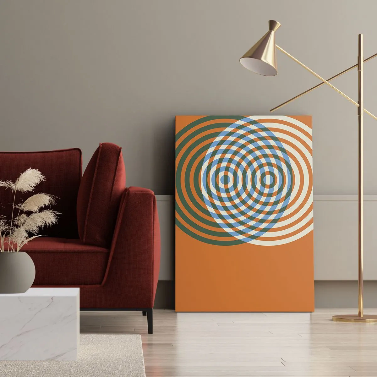 Impression sur toile - Image sur toile - Cercles concentriques sur fond orange - 80x120cm - Variation circulaire abstraite - Décoration murale moderne pour le salon et la chambre ARTTOR