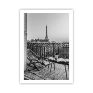 Affiche - Poster - Vue de la Tour Eiffel depuis un élégant balcon parisien - 50x70cm - Après-midi parisien - Décoration murale moderne pour le salon et la chambre ARTTOR
