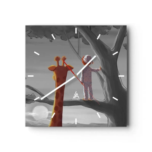 Horloge murale - Pendule murale - Un enfant et une girafe sur une branche d'arbre dans un paysage de conte de fées - 30x30cm - Cela arrive vraiment - Décoration murale moderne pour le salon et la chambre ARTTOR
