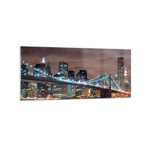 Impression sur verre - Image sur verre - Le pont illuminé la nuit sur fond de panorama urbain moderne - 120x50cm - Lumières des grandes villes - Décoration murale moderne pour le salon et la chambre ARTTOR