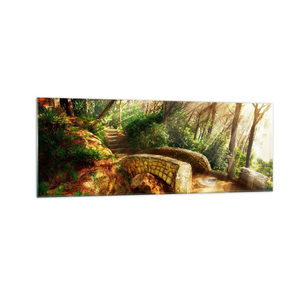 Impression sur verre - Image sur verre - Paysage forestier avec des rayons de soleil et un pont de pierre - 140x50cm - Directement du pont dans une forêt de conte de fées - Décoration murale moderne pour le salon et la chambre ARTTOR