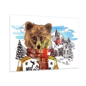 Impression sur verre - Image sur verre - Un ours en pull et écharpe avec des montagnes et une maison en arrière-plan. - 100x70cm - La cabane aux ours - Décoration murale moderne pour le salon et la chambre ARTTOR