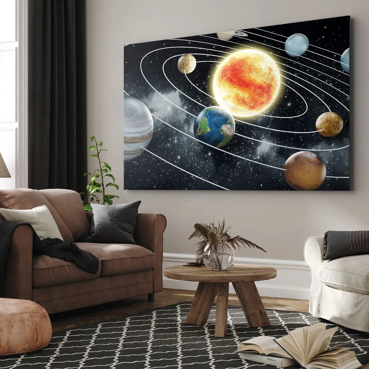 Impression sur toile - Image sur toile - Système solaire avec planètes et soleil dans l'espace - 120x80cm - Danse cosmique - Décoration murale moderne pour le salon et la chambre ARTTOR