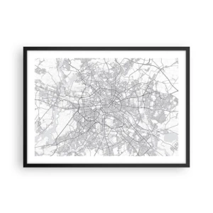 Affiche dans un cadre noir - Poster - Carte détaillée de la ville en noir et blanc - 70x50cm - Fleur de Berlin - Décoration murale moderne pour le salon et la chambre ARTTOR