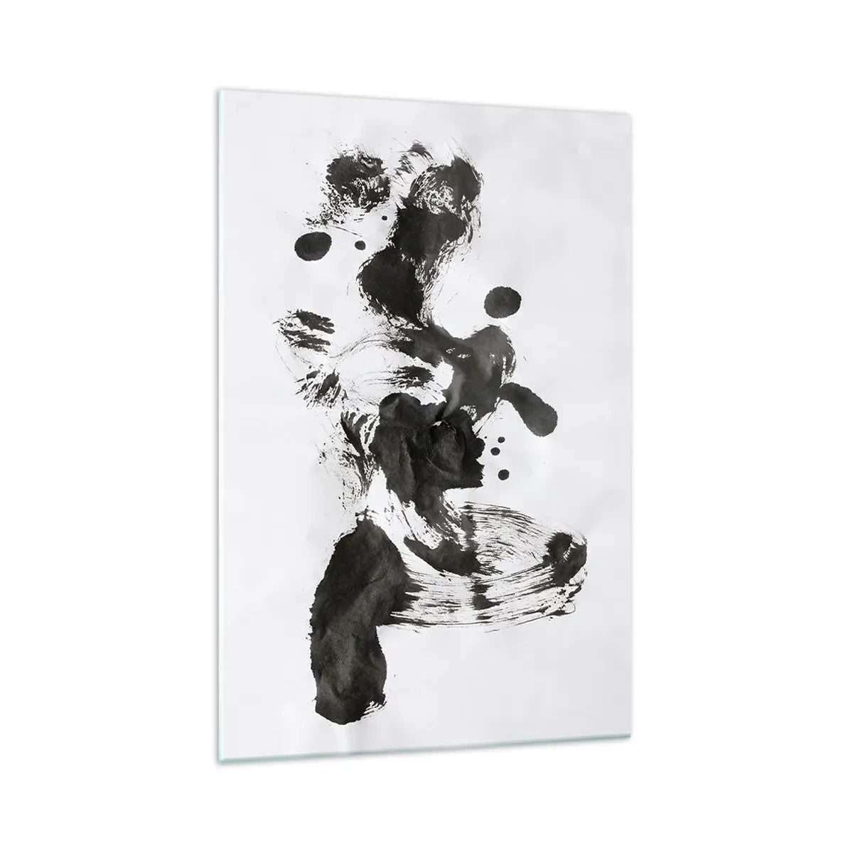 Impression sur verre - Image sur verre - Composition abstraite de taches noires sur fond blanc - 70x100cm - De la méthode dans la folie ? - Décoration murale moderne pour le salon et la chambre ARTTOR