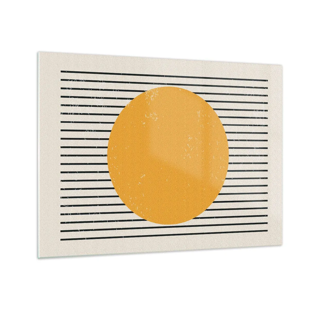 Impression sur verre - Image sur verre - Un cercle orange sur un fond de lignes noires horizontales sur fond beige. - 70x50cm - Le pouvoir de la simplicité - Décoration murale moderne pour le salon et la chambre ARTTOR