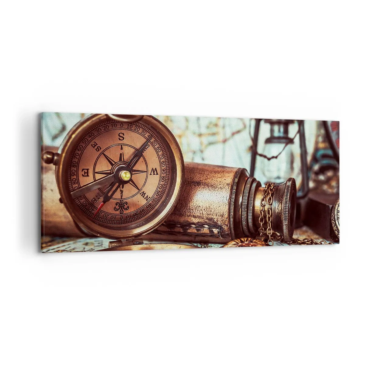 Impression sur toile - Image sur toile - Un ensemble rétro avec une boussole, un télescope et une carte sur le thème du voyage - 120x50cm - Une aventure de pirates dans les Caraïbes vous attend - Décoration murale moderne pour le salon et la chambre ARTTO