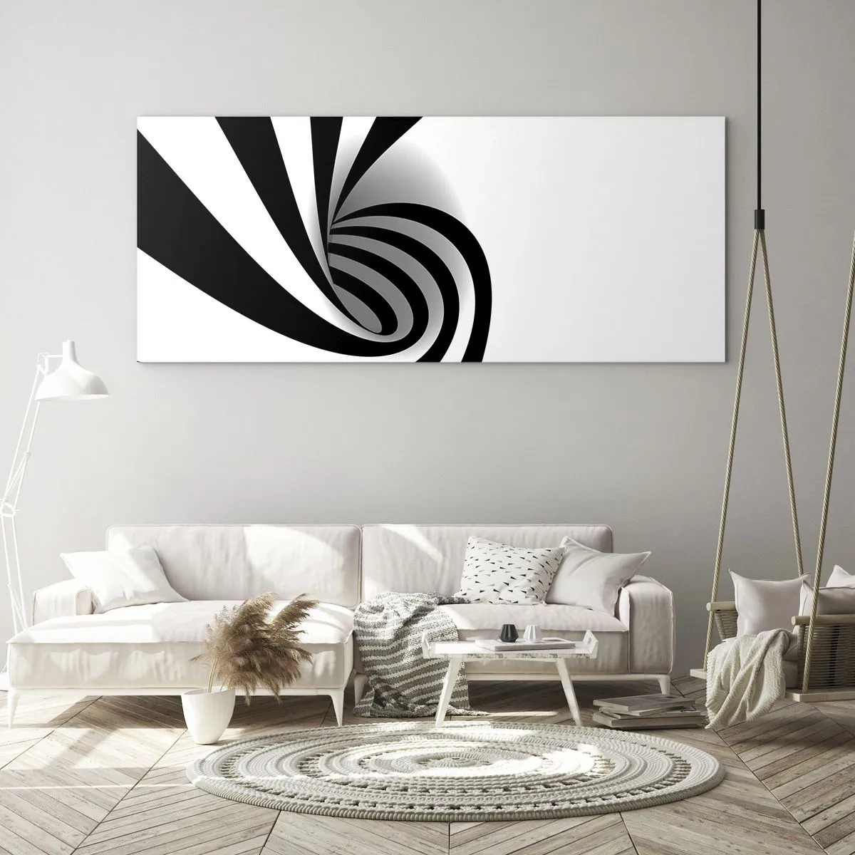 Impression sur verre - Image sur verre - Vortex optique abstrait en noir et blanc - 120x50cm - Et pourtant ça tourne - Décoration murale moderne pour le salon et la chambre ARTTOR