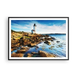 Affiche dans un cadre noir - Poster - Un phare sur une côte rocheuse par une journée ensoleillée - 100x70cm - Revenez heureux, j'attends - Décoration murale moderne pour le salon et la chambre ARTTOR