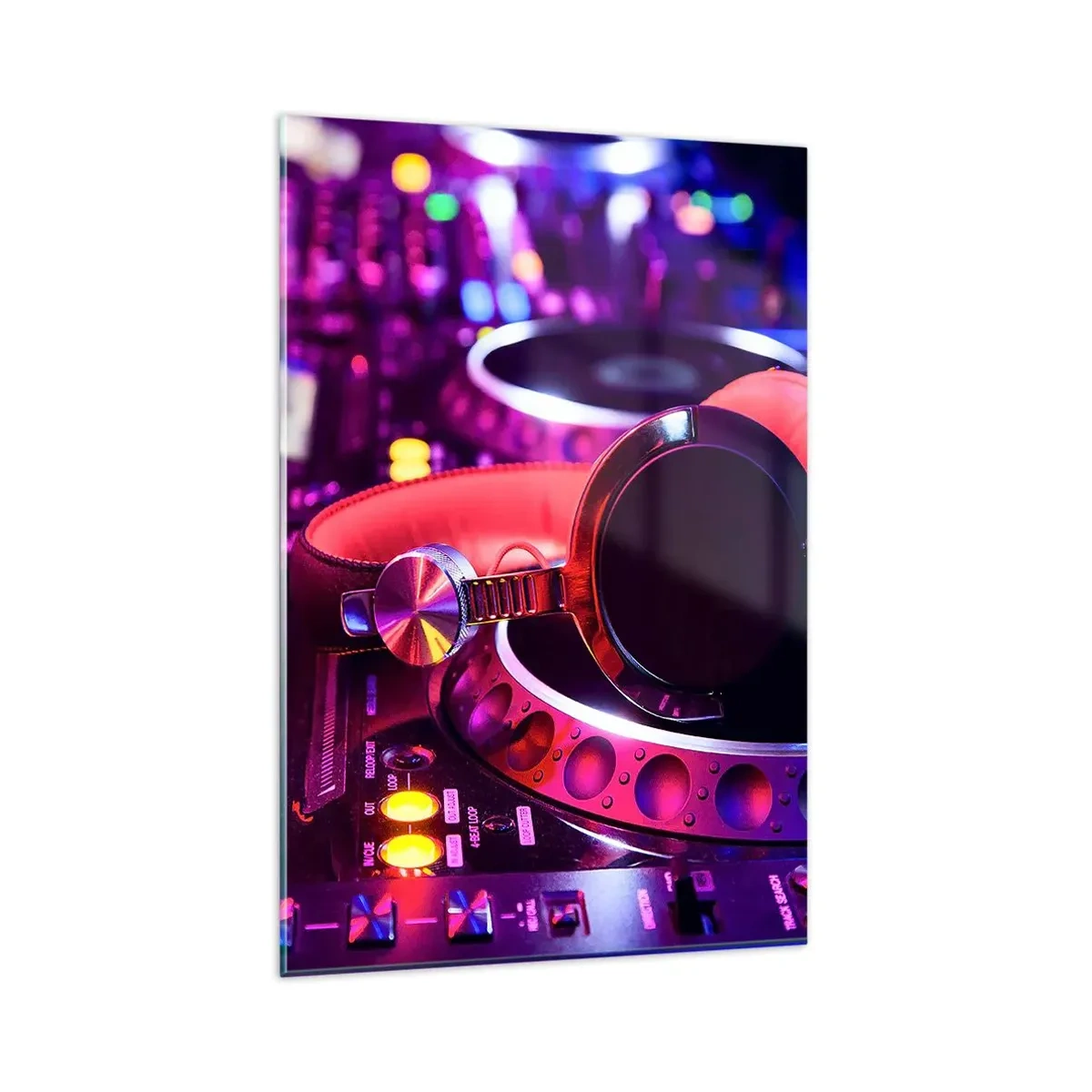 Impression sur verre - Image sur verre - Casque DJ sur une console avec éclairage néon - 80x120cm - Avant que le plaisir ne commence - Décoration murale moderne pour le salon et la chambre ARTTOR