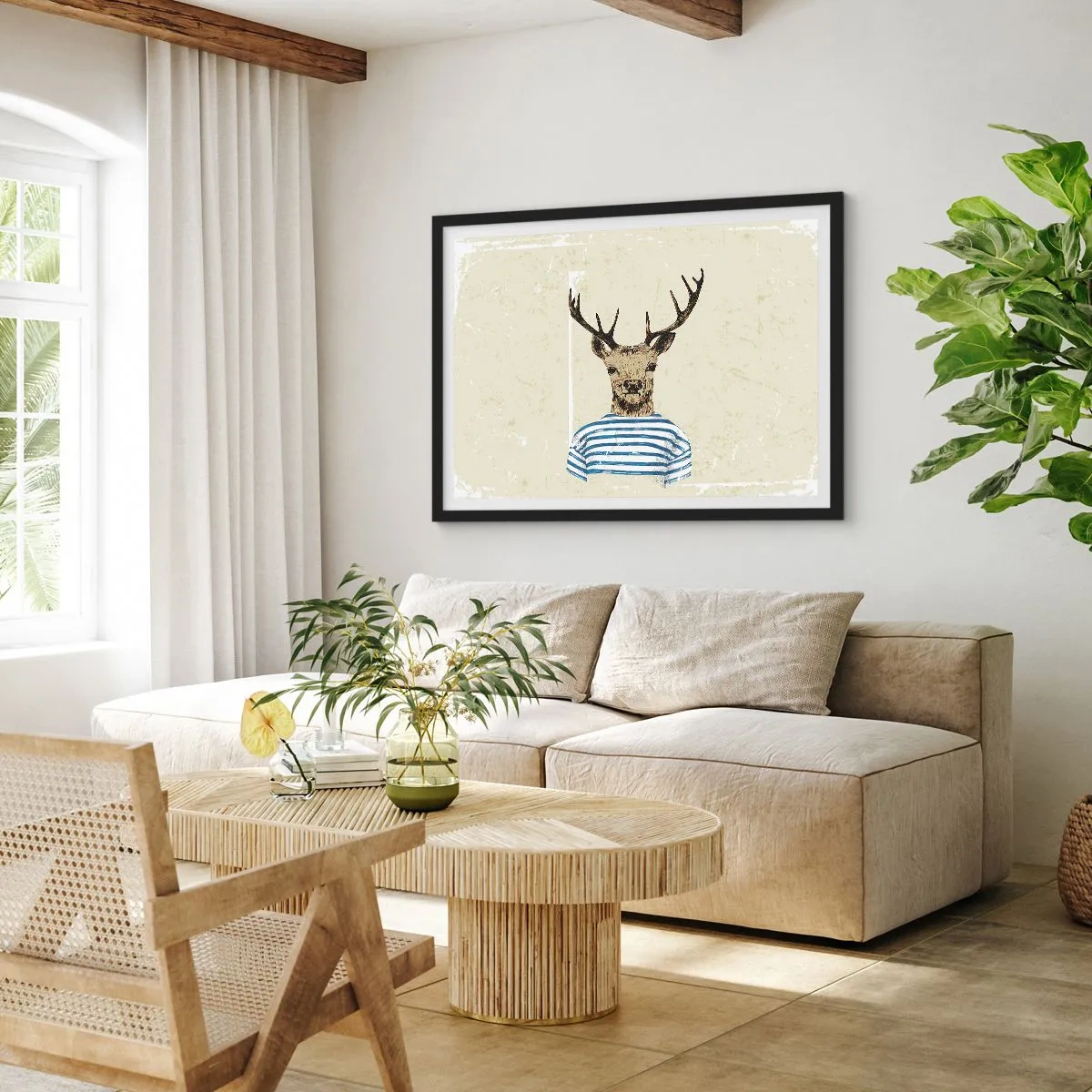 Affiche dans un cadre noir - Poster - Un cerf en chemise rayée sur un fond clair avec une texture délicate - 70x50cm - Parce que j'aime les chemises rayées - Décoration murale moderne pour le salon et la chambre ARTTOR