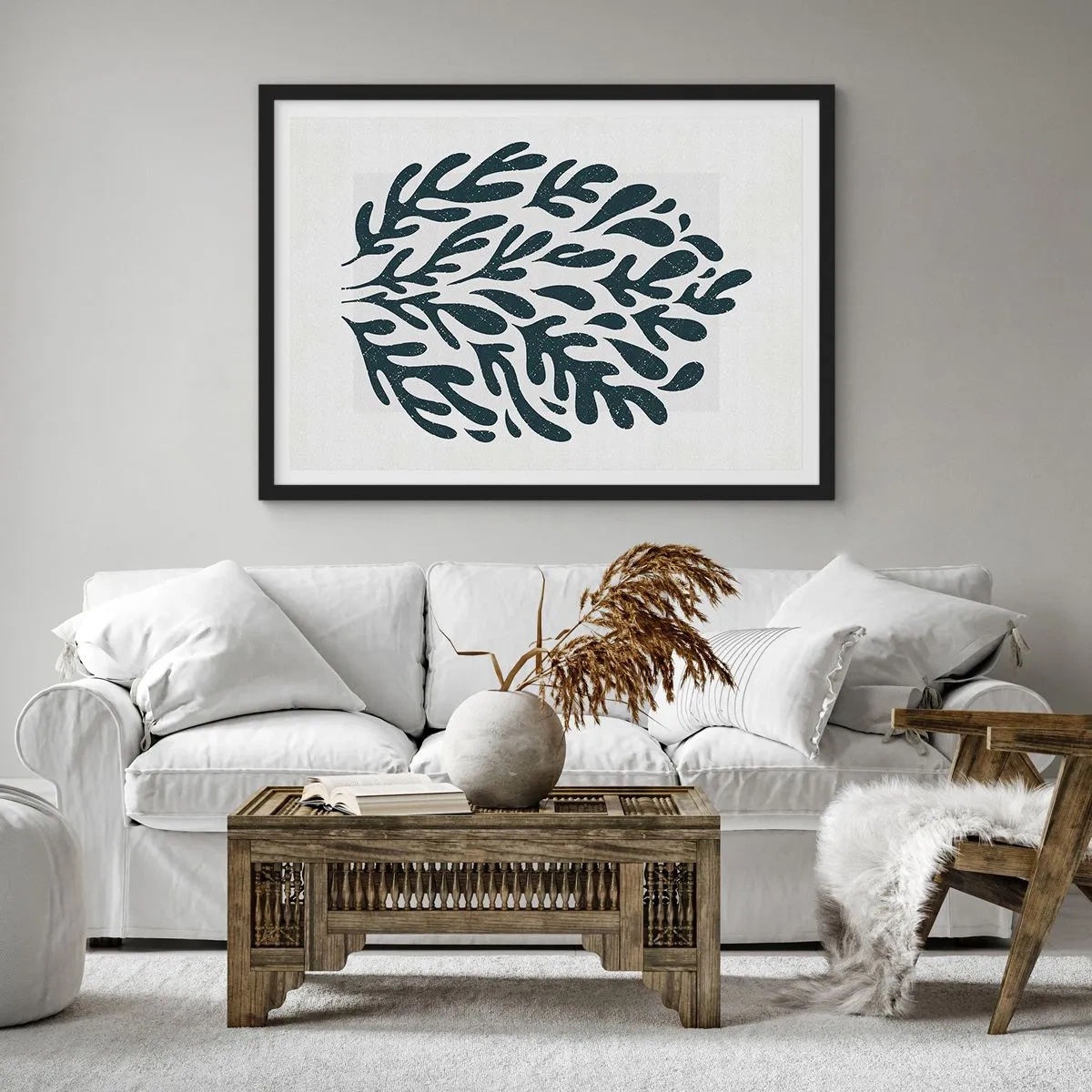 Affiche dans un cadre noir - Poster - Motif de feuille abstrait sombre sur fond clair - 70x50cm - Formes de la nature - Décoration murale moderne pour le salon et la chambre ARTTOR