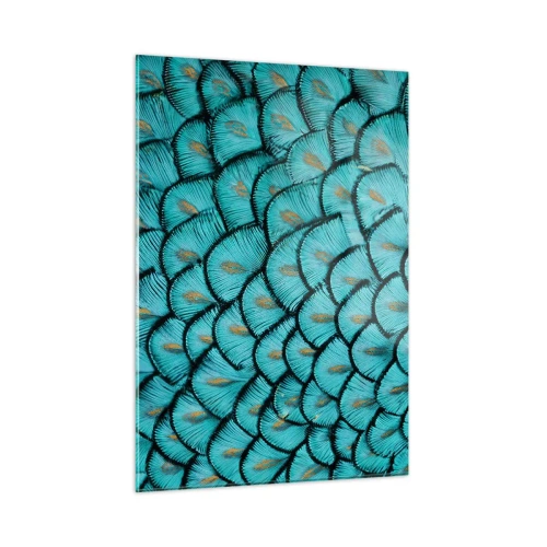 Impression sur verre - Image sur verre - Gros plan de plumes de paon turquoise formant un motif décoratif. - 50x70cm - Le grand gala des plumes - Décoration murale moderne pour le salon et la chambre ARTTOR