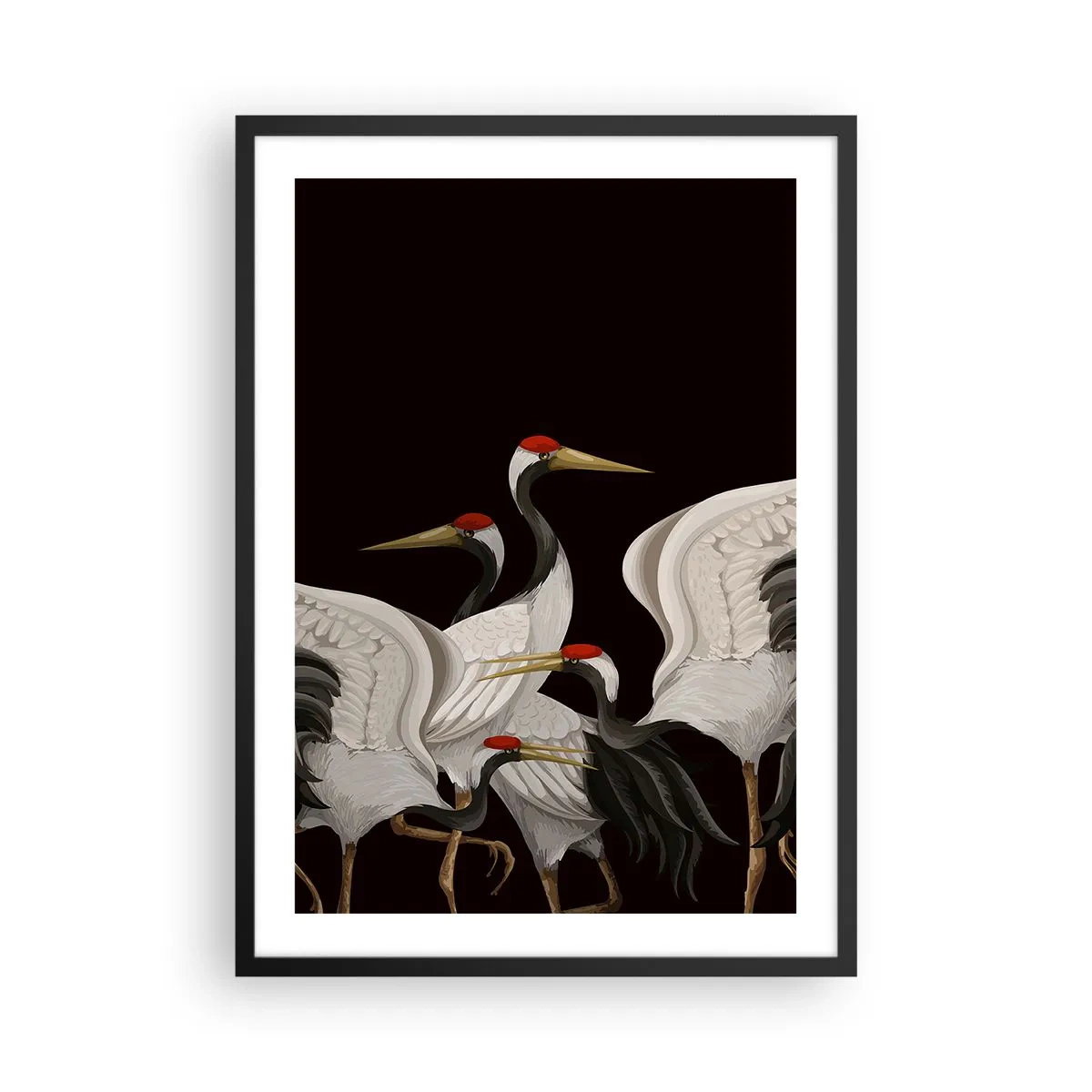 Affiche dans un cadre noir - Poster - Grues élégantes sur fond sombre dans un style oriental - 50x70cm - Histoire d'oiseaux - Décoration murale moderne pour le salon et la chambre ARTTOR