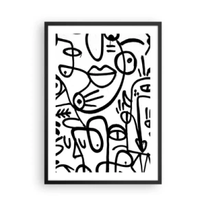 Affiche dans un cadre noir - Poster - Lignes noires abstraites sur fond blanc - 50x70cm - Visages et mirages - Décoration murale moderne pour le salon et la chambre ARTTOR