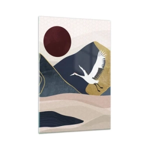 Impression sur verre - Image sur verre - Grues en vol sur fond de montagnes et de soleil rouge - 70x100cm - Encore une fois, la journée s'est ÉCOULÉE - Décoration murale moderne pour le salon et la chambre ARTTOR