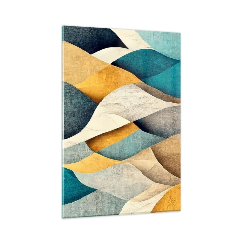 Impression sur verre - Image sur verre - Vagues abstraites dans des tons de bleu et d'or - 80x120cm - Rythme et vague - Décoration murale moderne pour le salon et la chambre ARTTOR