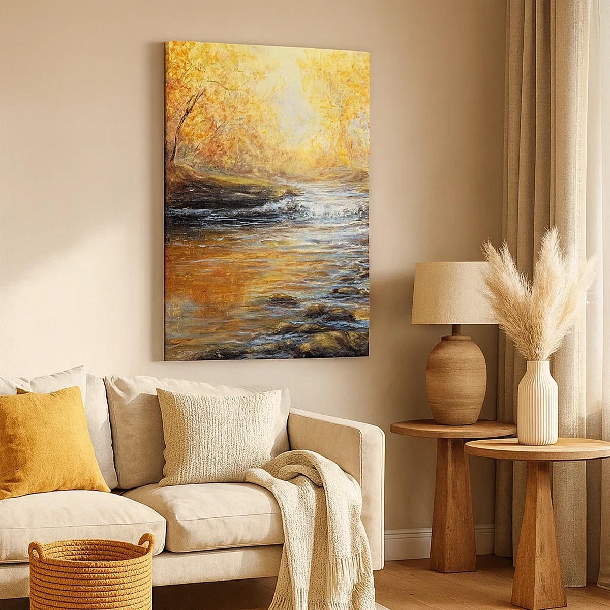 Impression sur toile - Image sur toile - Paysage d'automne avec une rivière parmi les arbres - 50x70cm - Le ruisseau d'or - Décoration murale moderne pour le salon et la chambre ARTTOR