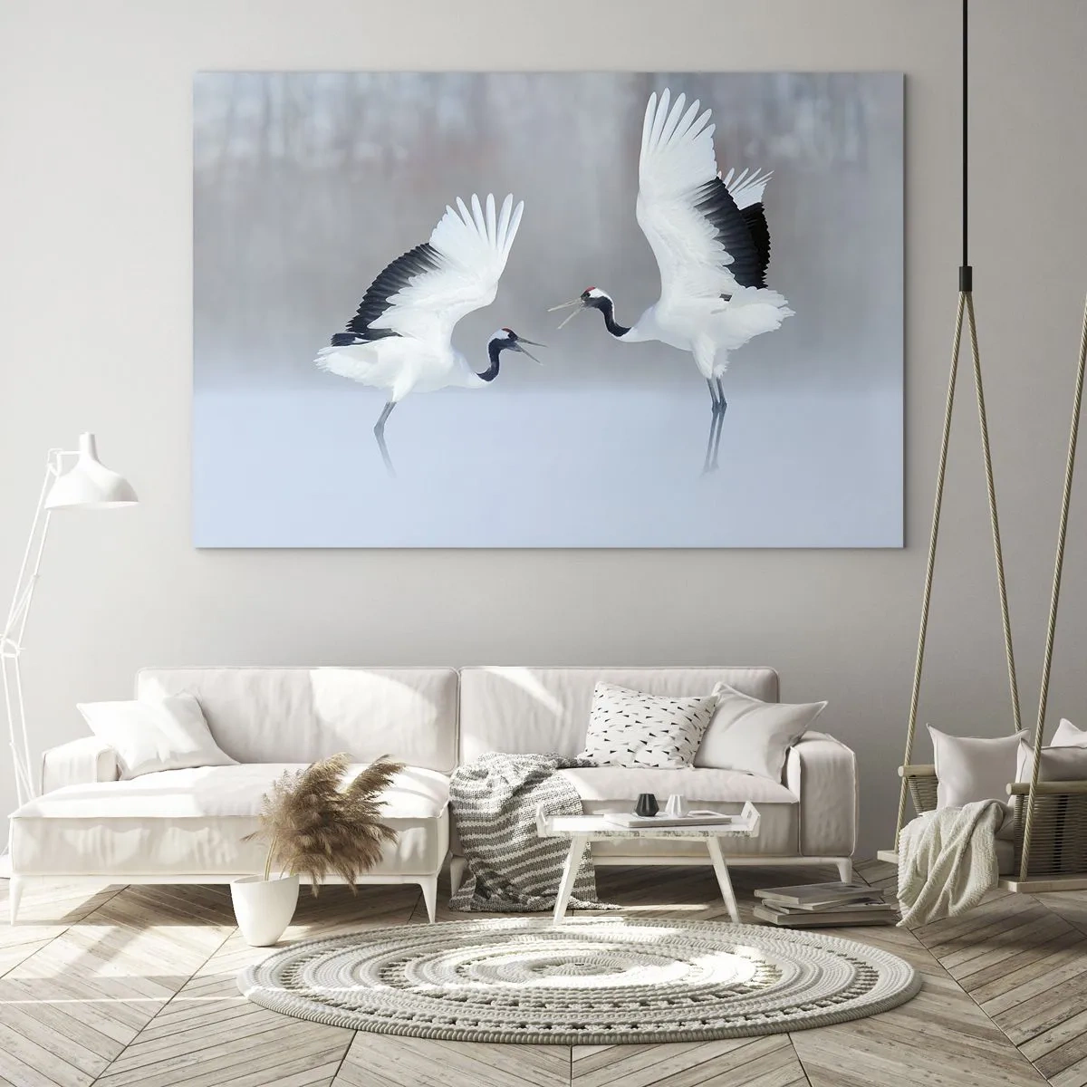 Impression sur verre - Image sur verre - Grues dansantes sur fond de paysage hivernal - 100x70cm - Danse dans le brouillard - Décoration murale moderne pour le salon et la chambre ARTTOR