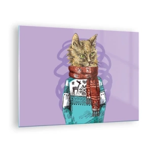 Impression sur verre - Image sur verre - Un chat en pull et écharpe sur fond violet - 70x50cm - Le chat, pas uniquement dans les chaussures - Décoration murale moderne pour le salon et la chambre ARTTOR