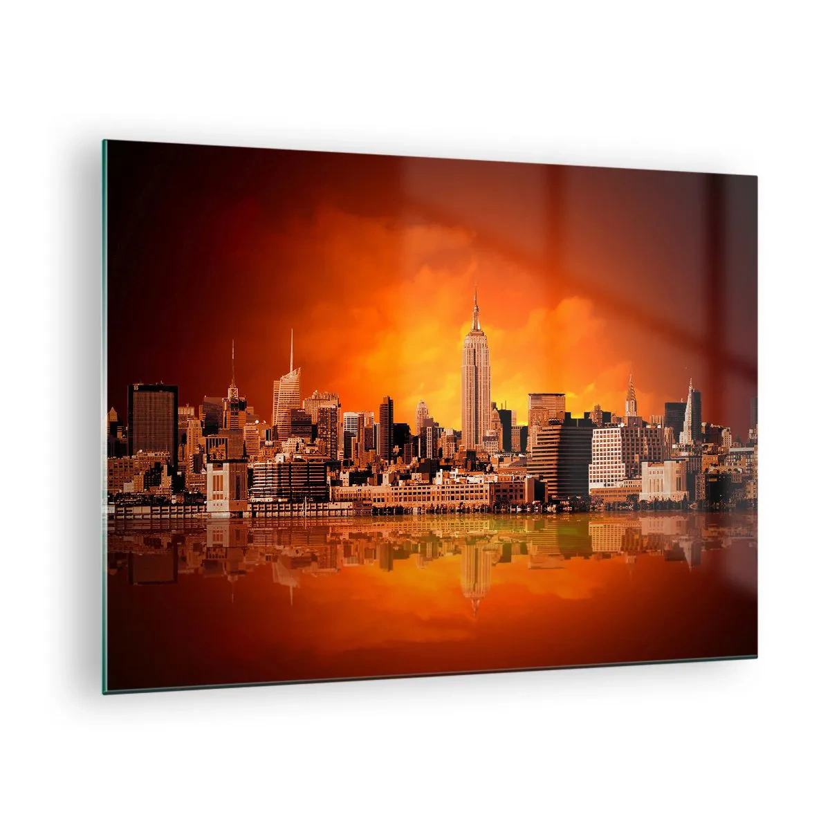 Impression sur verre - Image sur verre - Panorama de la ville au coucher du soleil - 70x50cm - Panorama de grande ville en jaune et bronze - Décoration murale moderne pour le salon et la chambre ARTTOR