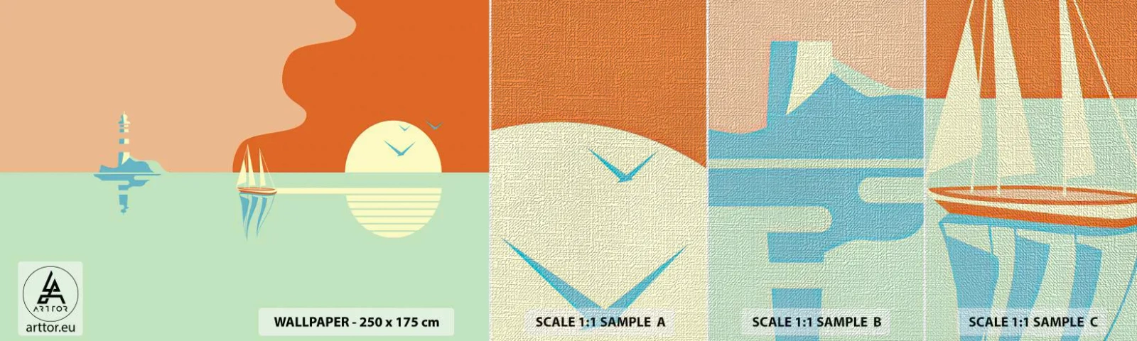 Échantillon de Papier Peint Premium Canvas - Paysage idéal de la mer - Abstraction, Bateau à voile, Lanterne - 100x30 cm