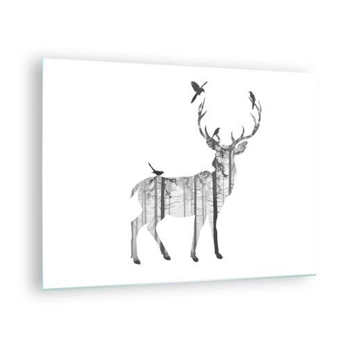 Impression sur verre - Image sur verre - Silhouette graphique d'un cerf avec un motif de forêt et d'oiseaux - 70x50cm - La bonne âme de la forêt - Décoration murale moderne pour le salon et la chambre ARTTOR