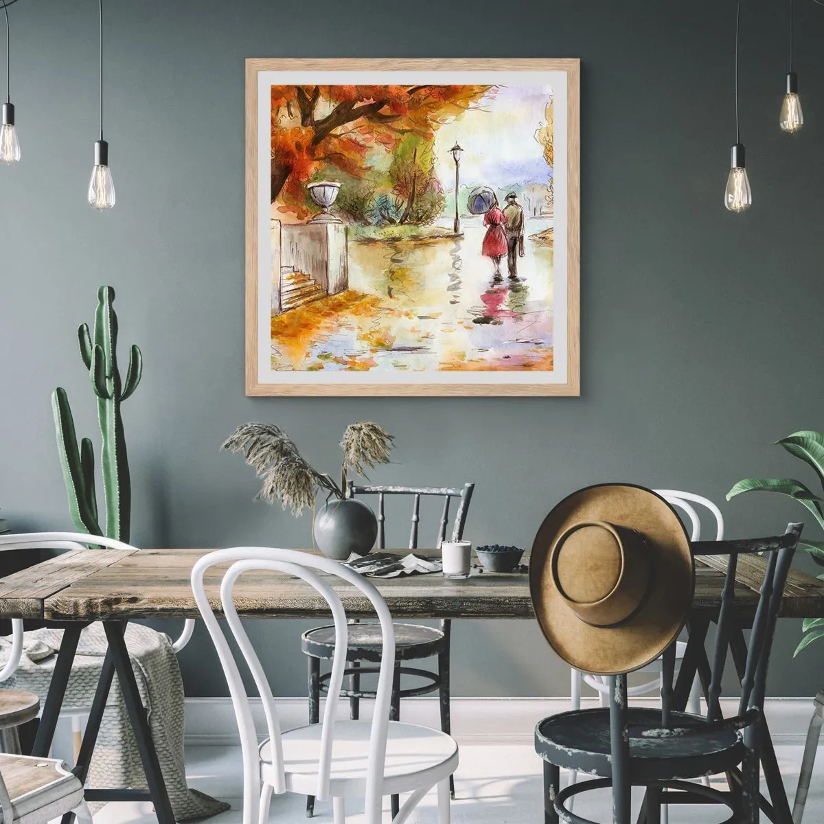 Affiche dans un chêne clair - Poster - Automne romantique dans le parc - 50x50 cm