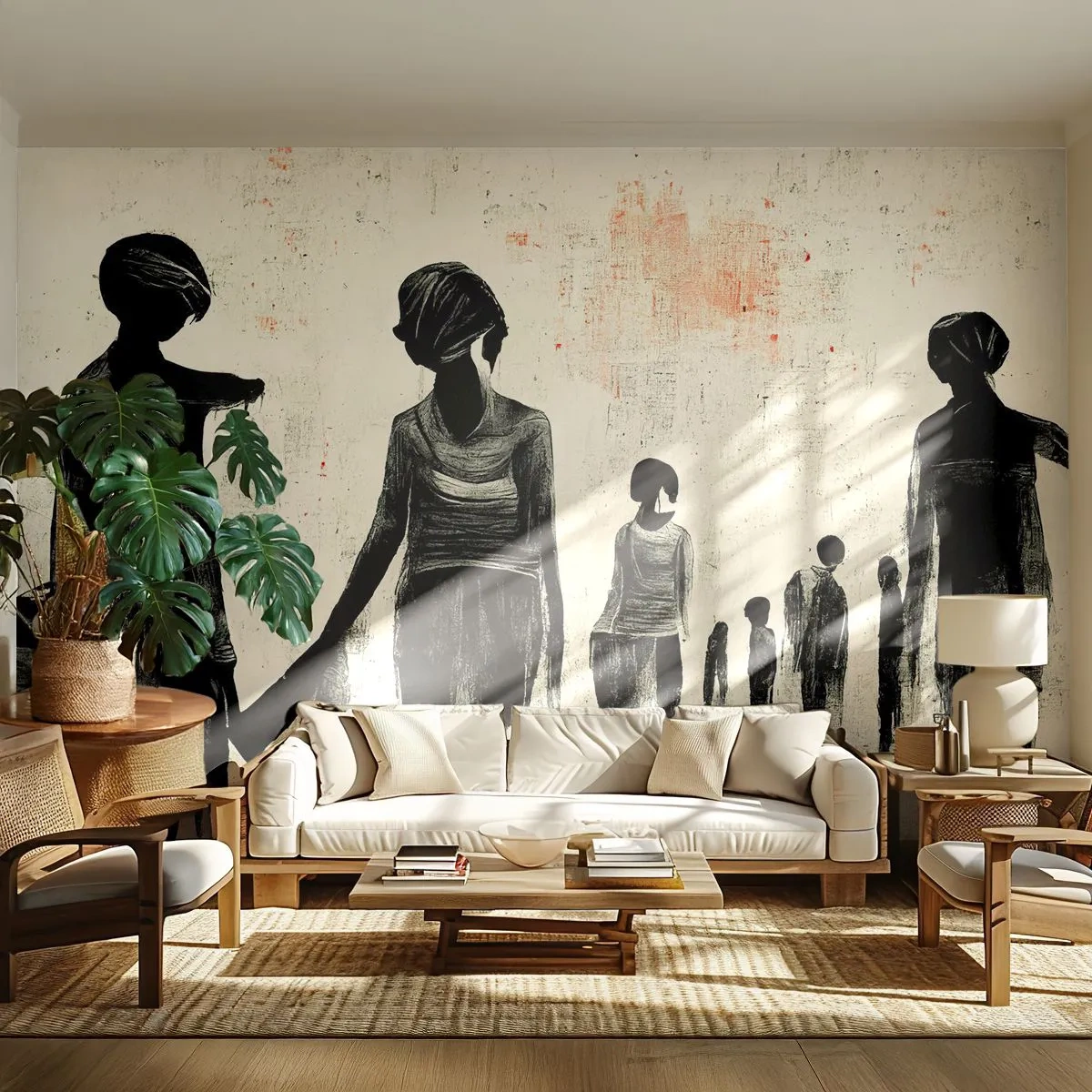 Papier Peint Photo Premium Sand - Silhouettes de personnes sur un fond rugueux et texturé - 100x70cm - Contre la solitude - Décoration murale moderne pour le salon et la chambre ARTTOR