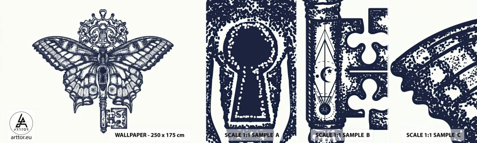 Échantillon de Papier Peint Autocollant Deluxe Sticker - Tous les secrets du coeur - Abstraction, Papillon, Clé - 100x30 cm