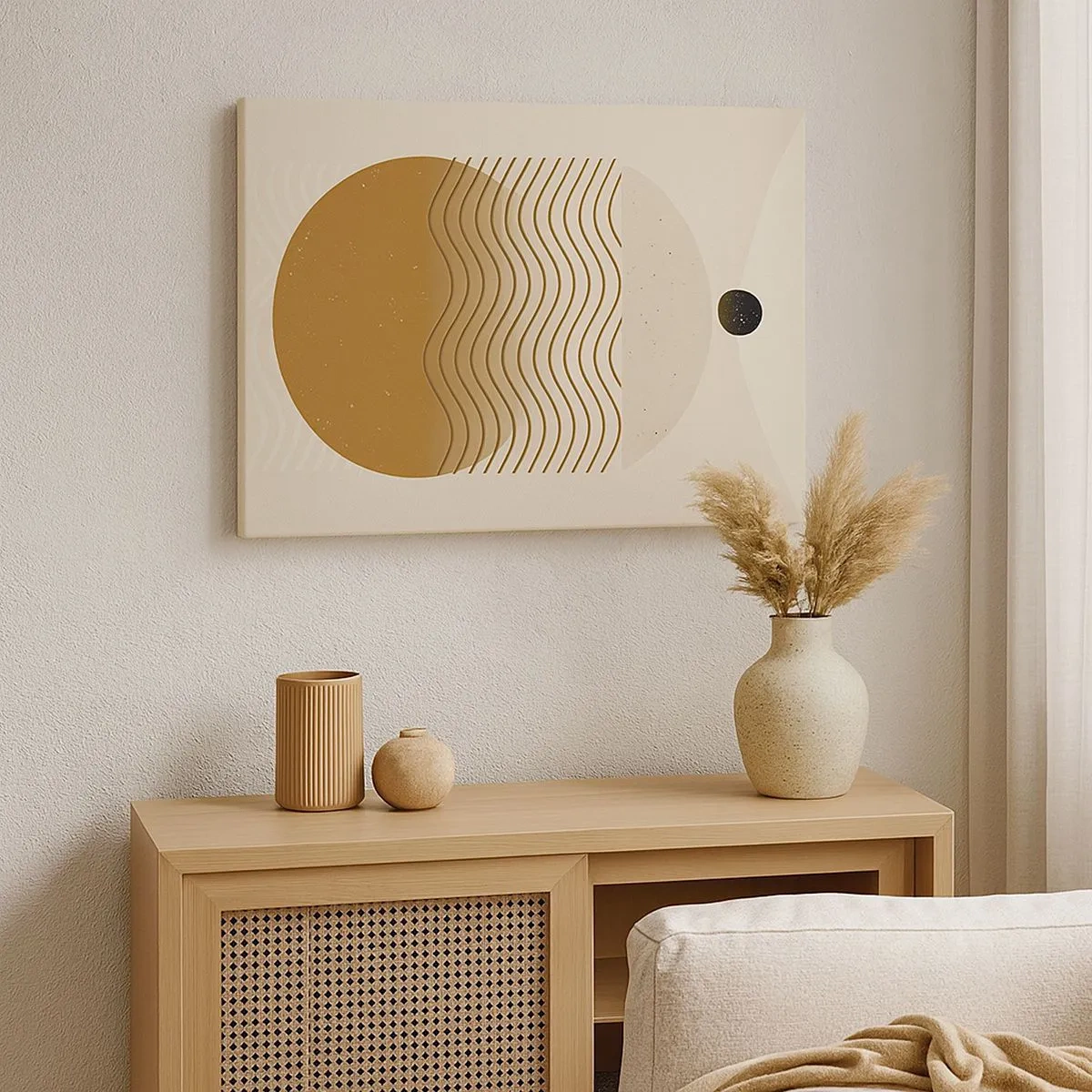 Impression sur toile - Image sur toile - Abstraction géométrique avec des cercles et des lignes ondulées aux couleurs chaudes. - 70x50cm - Sur l'origine des figures géométriques - Décoration murale moderne pour le salon et la chambre ARTTOR