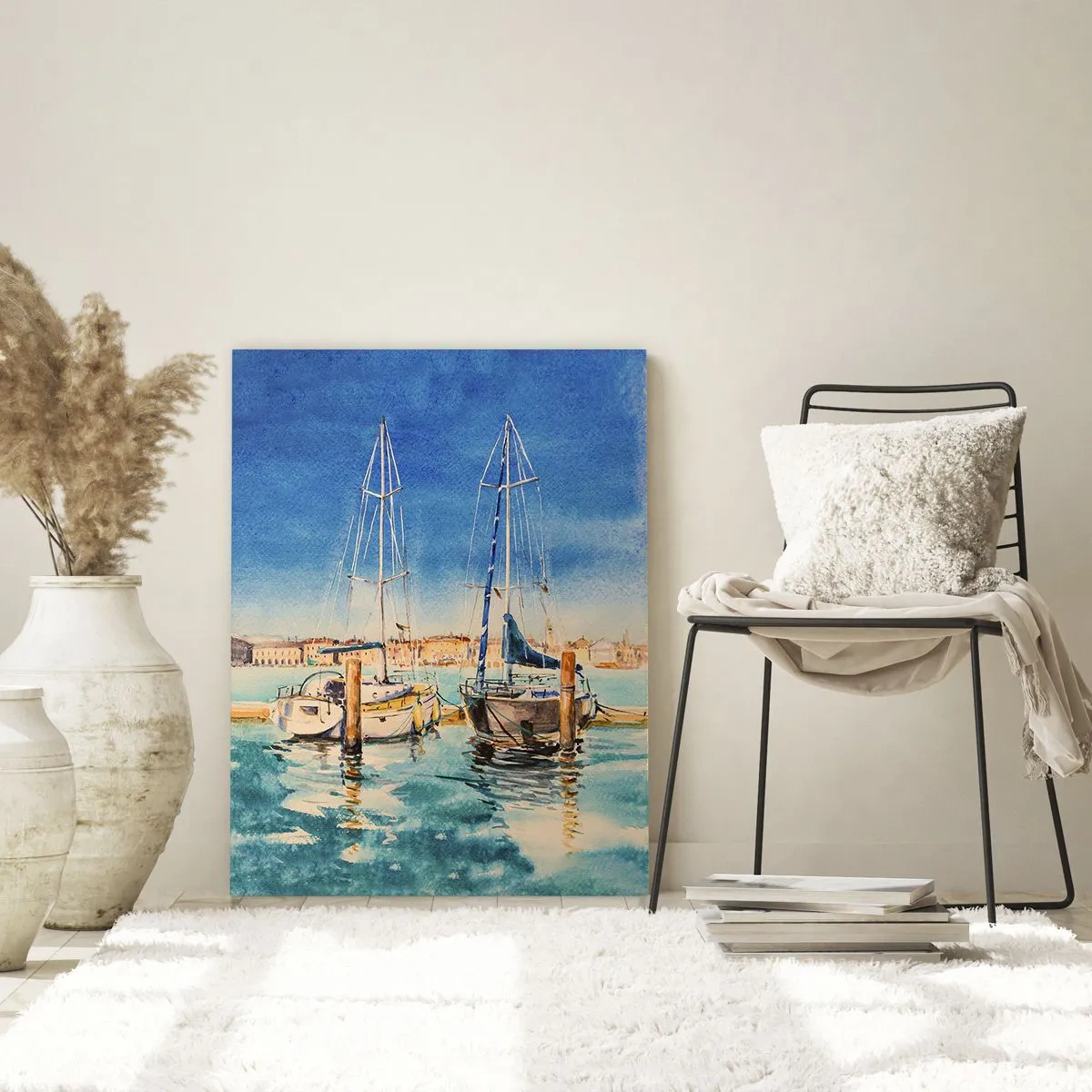 Impression sur verre - Image sur verre - Marina à l'aquarelle avec un phare et des yachts amarrés - 50x70cm - Lagune ensoleillée - Décoration murale moderne pour le salon et la chambre ARTTOR