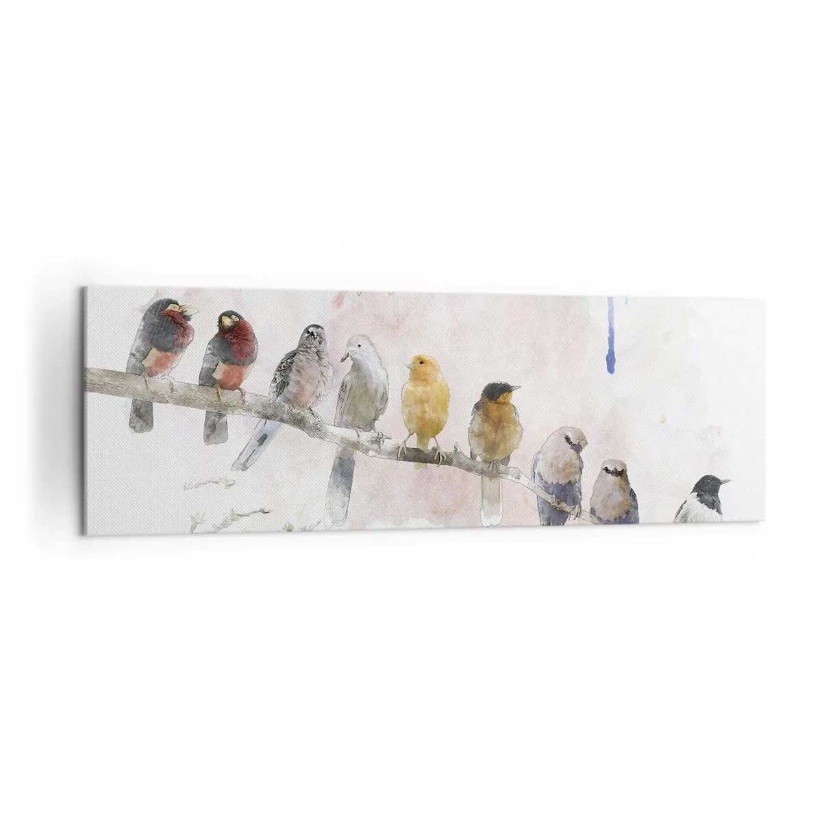 Impression sur toile - Image sur toile - Oiseaux colorés sur une branche dans un style aquarelle - 160x50cm - Rencontre ailée - Décoration murale moderne pour le salon et la chambre ARTTOR