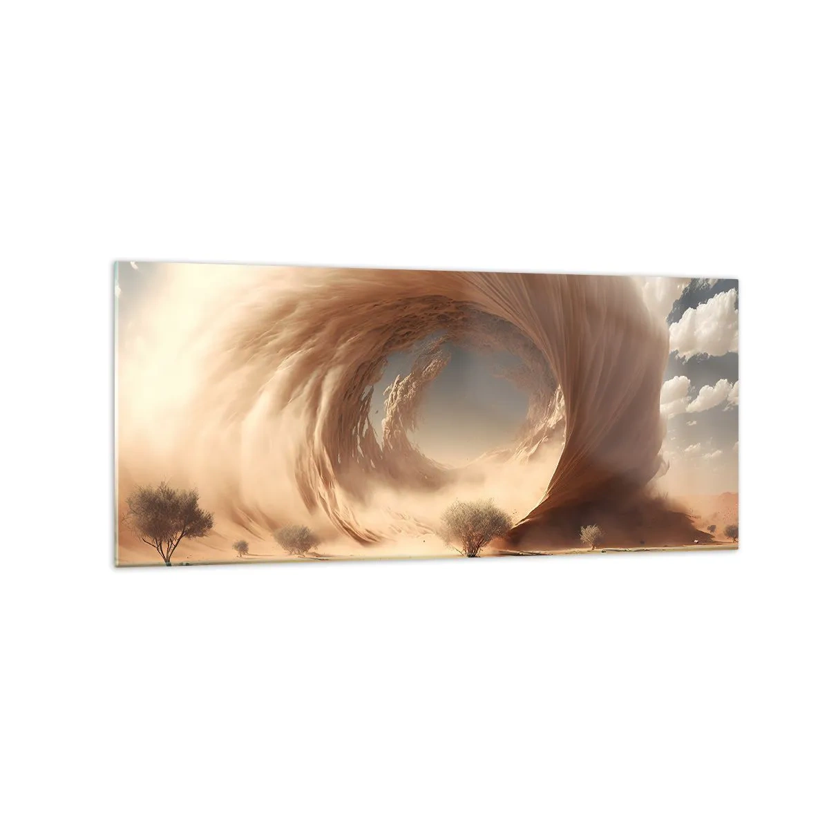 Impression sur verre - Image sur verre - Tourbillon de sable dynamique dans un désert avec des arbres - 120x50cm - Portail ouvert - Décoration murale moderne pour le salon et la chambre ARTTOR
