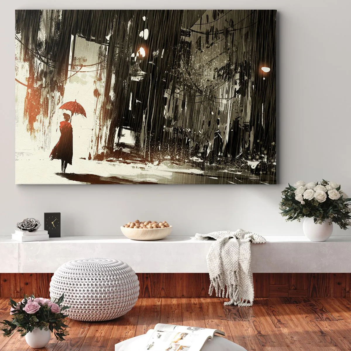 Impression sur toile - Image sur toile - Une figure rouge avec un parapluie dans une scène pluvieuse - 100x70cm - La poésie du parapluie rouge - Décoration murale moderne pour le salon et la chambre ARTTOR
