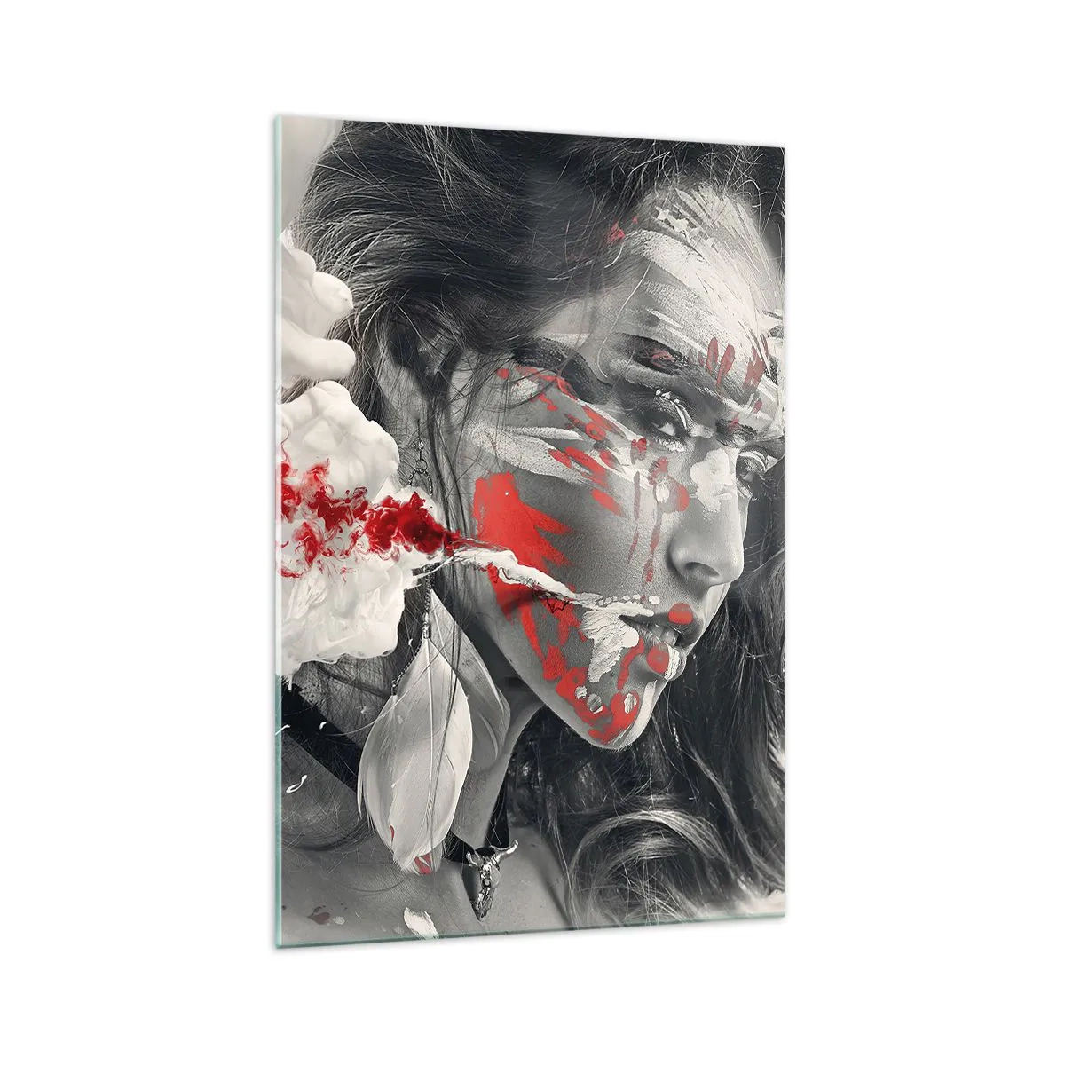 Impression sur verre - Image sur verre - Portrait artistique d'une femme aux accents rouges abstraits - 70x100cm - Dans les fumées de l'absurde - Décoration murale moderne pour le salon et la chambre ARTTOR