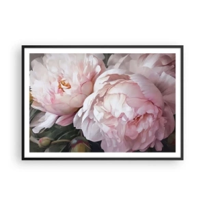 Affiche dans un cadre noir - Poster - Pivoines roses délicates en pleine floraison - 100x70cm - Arrêté en pleine floraison - Décoration murale moderne pour le salon et la chambre ARTTOR